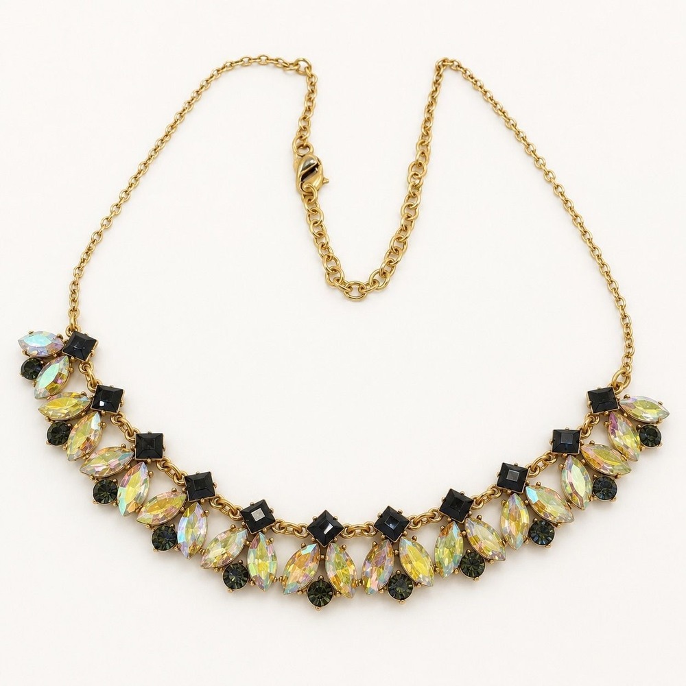 J Crew Aurora Borealis Crystal Statement Necklace Gold Tone Black Rhinestone Bib - Picture 1 of 4